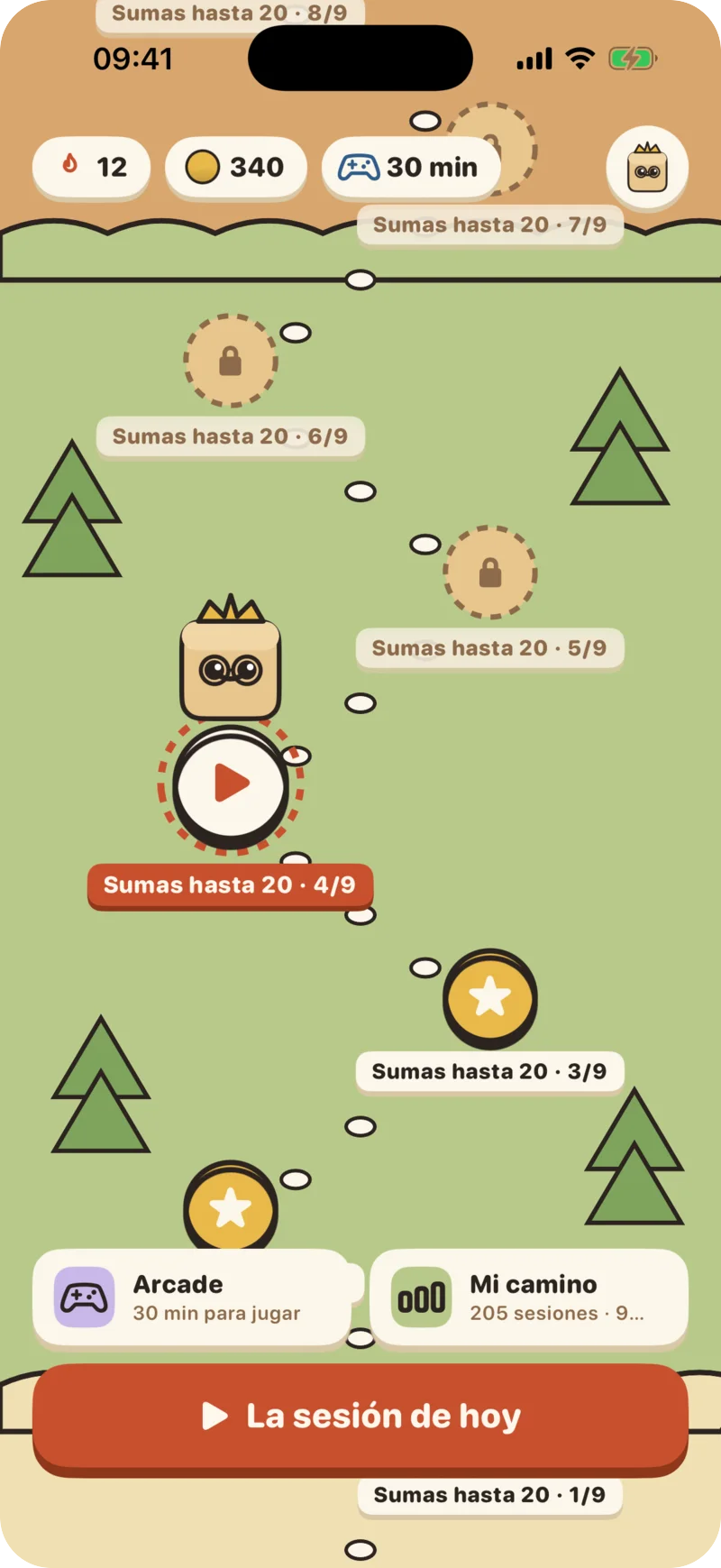 Hasta 9 años: mapa de juguete con la sesión de hoy y el arcade