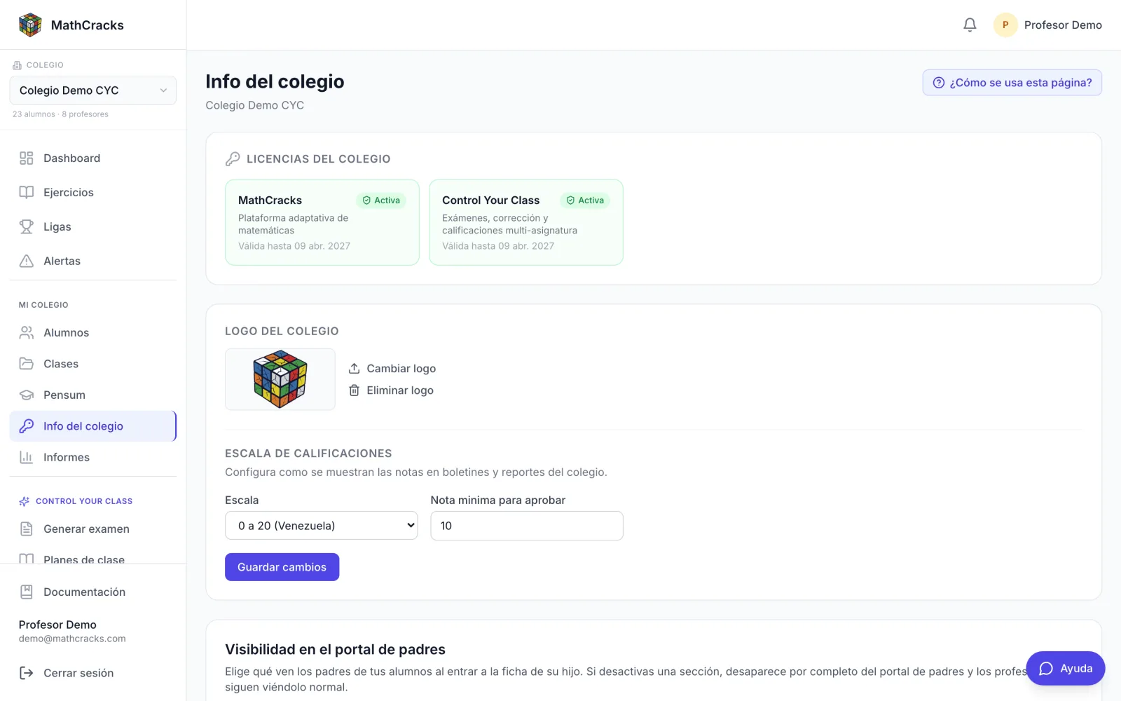 Tela real de configuração da escola no CYC