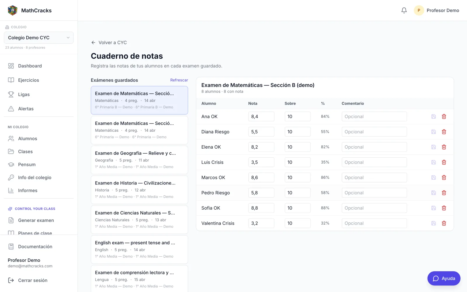 Tela real de registro de notas do CYC