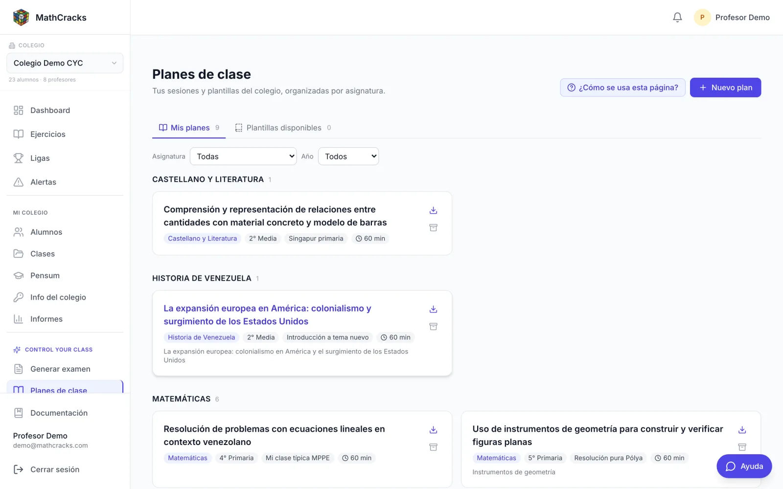 Biblioteca de planes de clase de Control Your Class con ejemplos de demostración